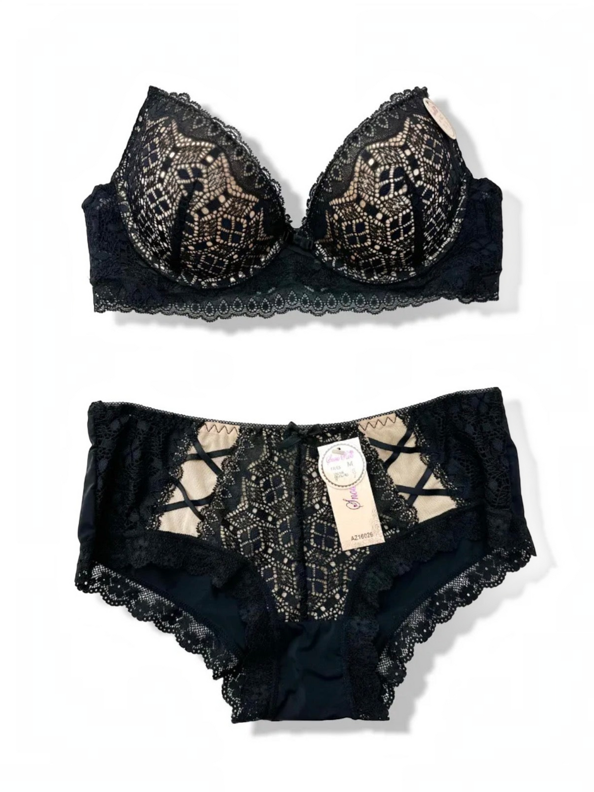 Ensemble lingerie BROCK BELLE COM'ELLE bonnet C noir et beige en dentelle avec détails croisés et finition élégante