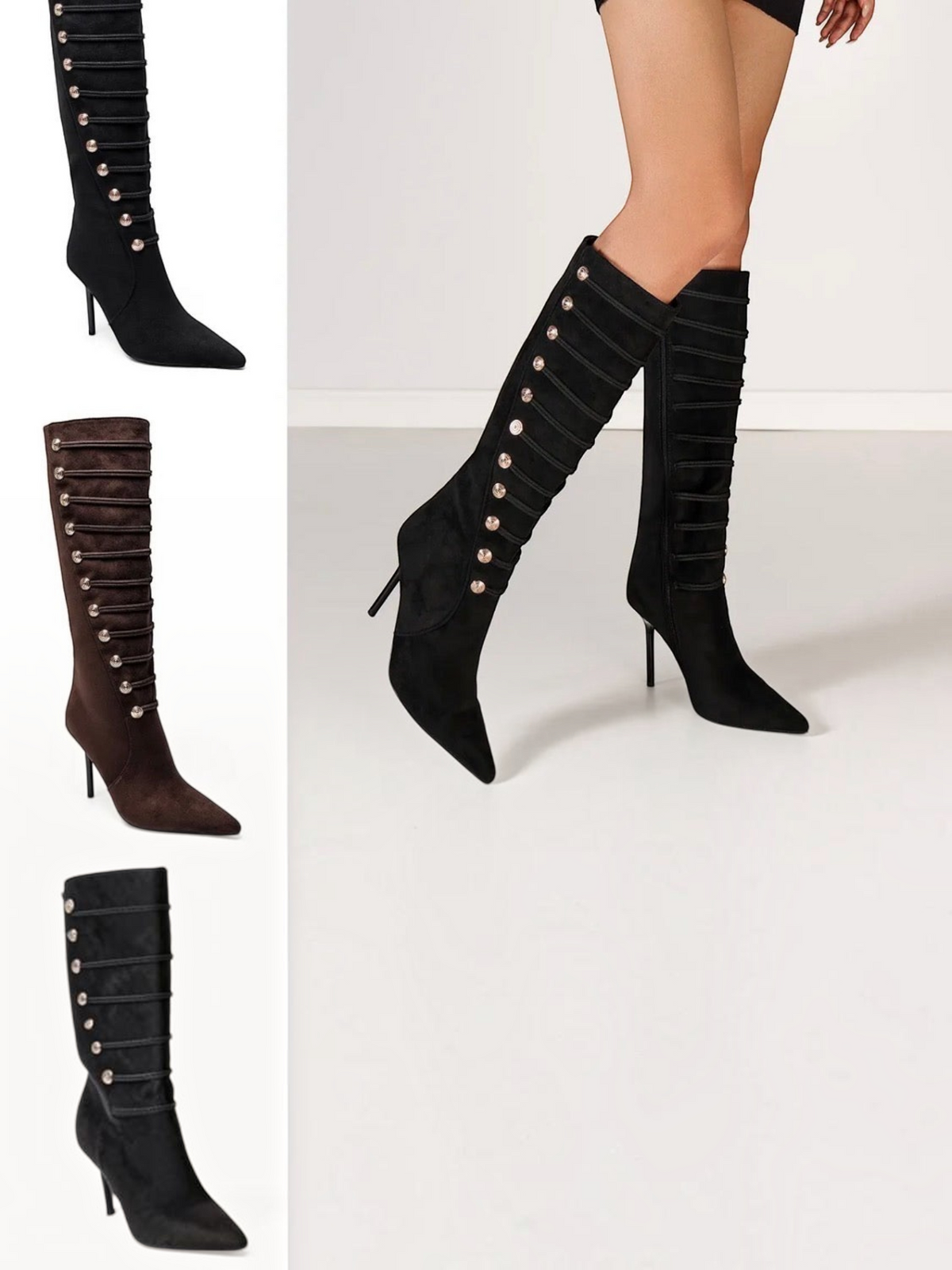 Bottes BROCK en velours noir et marron avec talons aiguilles et détails de boutons décoratifs sur le côté