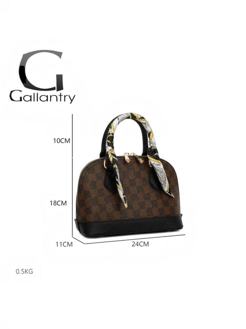 Sac à main BROCK GALLANTRY Charlotte en simili cuir brun et noir avec monogramme et anse ornée d'un foulard satiné