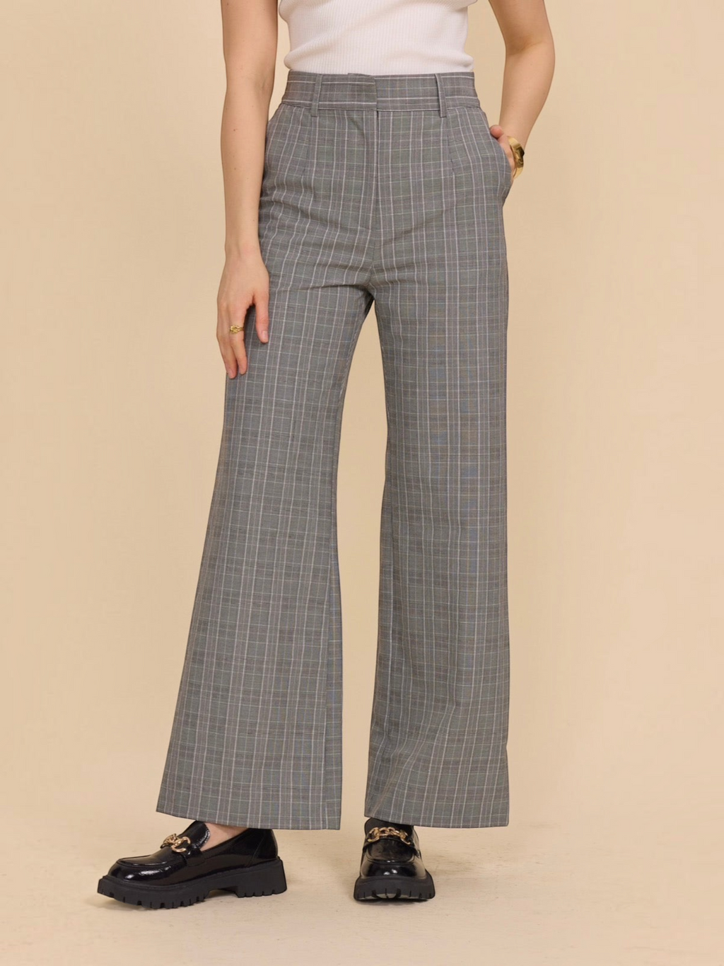 Pantalon large à carreaux gris BROCK en mélange polyester et élasthanne avec taille haute