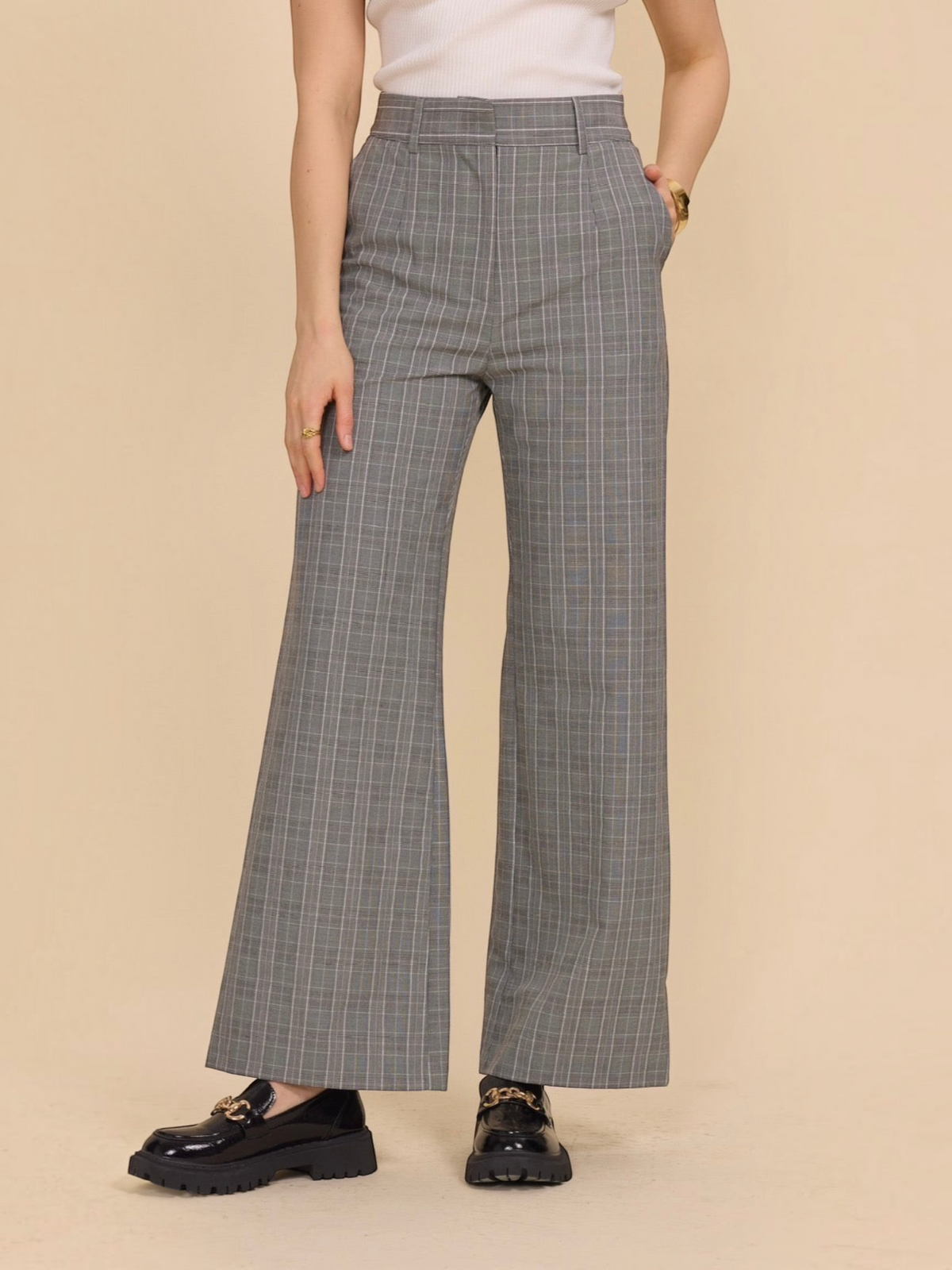 Pantalon large à carreaux gris BROCK en mélange polyester et élasthanne avec taille haute