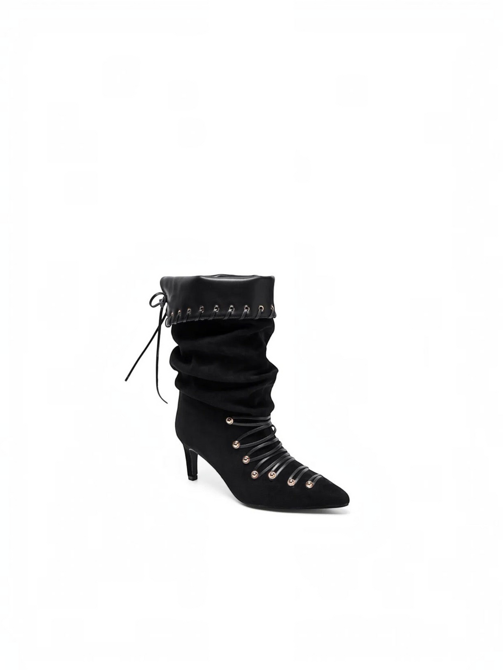 Bottes mi-mollet BROCK en velours noir froissé avec col en similicuir, lacets, œillets métalliques et talon aiguille.