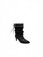 Bottes mi-mollet BROCK en velours noir froissé avec col en similicuir, lacets, œillets métalliques et talon aiguille.