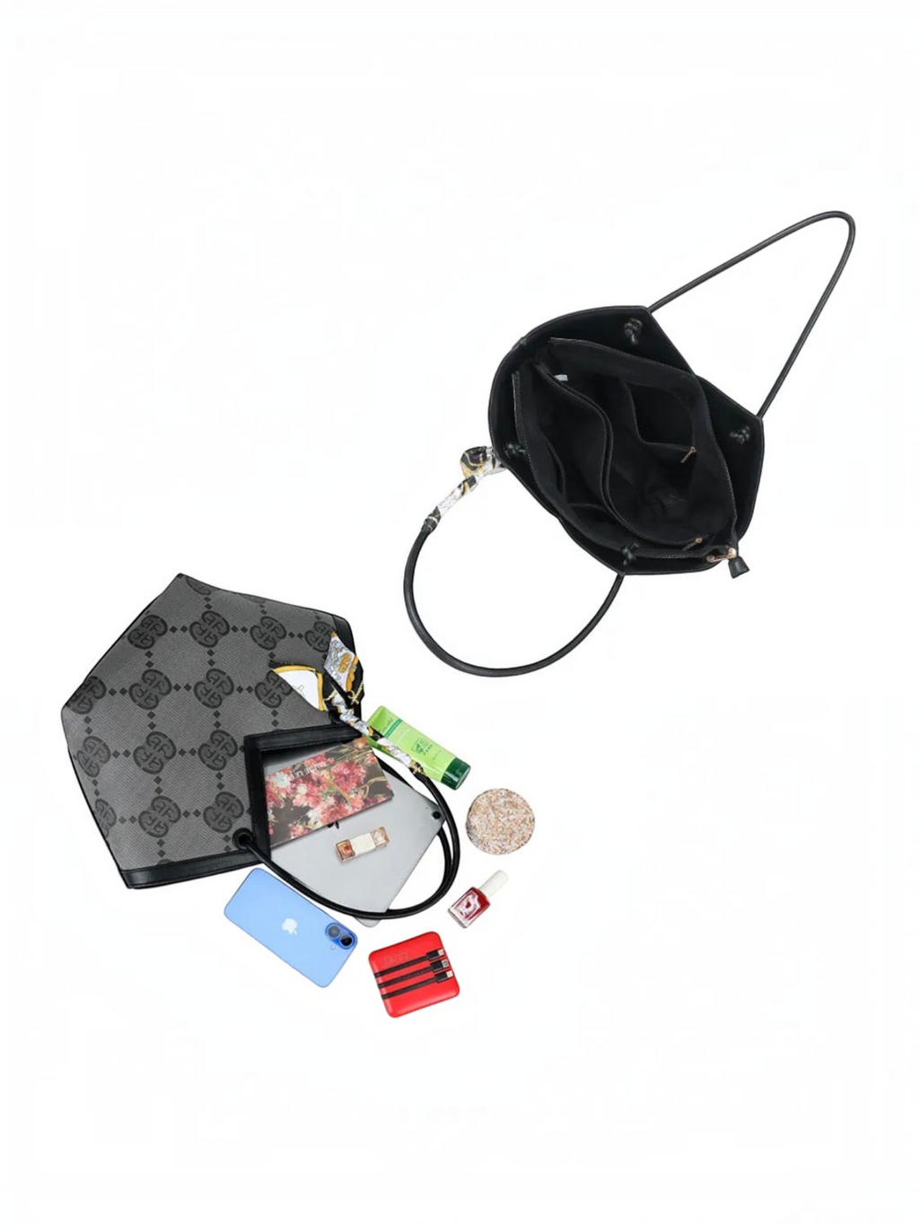 Sac à main BROCK GALLANTRY noir avec motif monogramme, intérieur spacieux et accessoires organisés