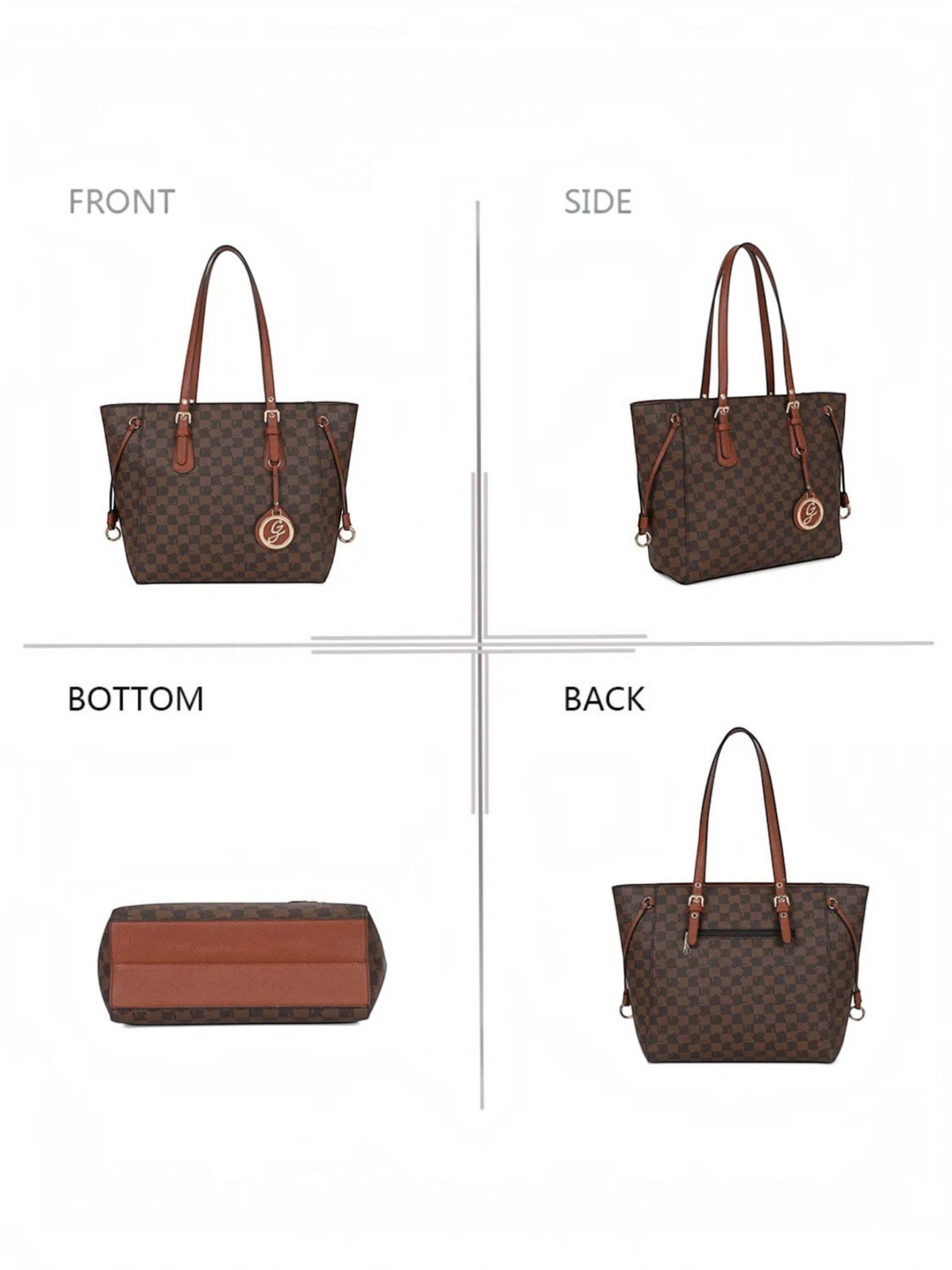 Sac cabas BROCK GALLANTRY à motif damier brun, anses cognac et pendentif logo G doré, vues multiples.