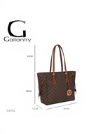 Sac cabas BROCK GALLANTRY en simili cuir brun à motif damier, anses cognac et pendentif logo G doré.
