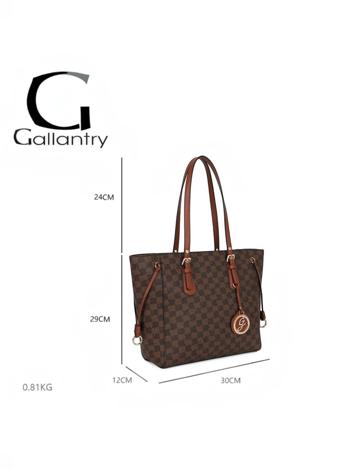 Sac cabas BROCK GALLANTRY en simili cuir brun à motif damier, anses cognac et pendentif logo G doré.