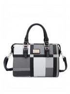 Sac à main BROCK GALLANTRY en similicuir à motif carreaux noir, gris et blanc avec anses et bandoulière noires.