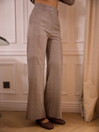 Pantalon BROCK marron à carreaux en polyester et élasthanne avec coupe droite et taille haute