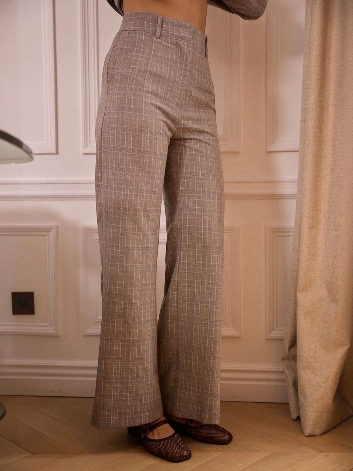 Pantalon BROCK marron à carreaux en polyester et élasthanne avec coupe droite et taille haute