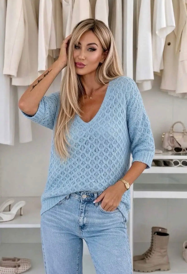 Pull Maille Ajourée Col V Manches 3/4Forcyma