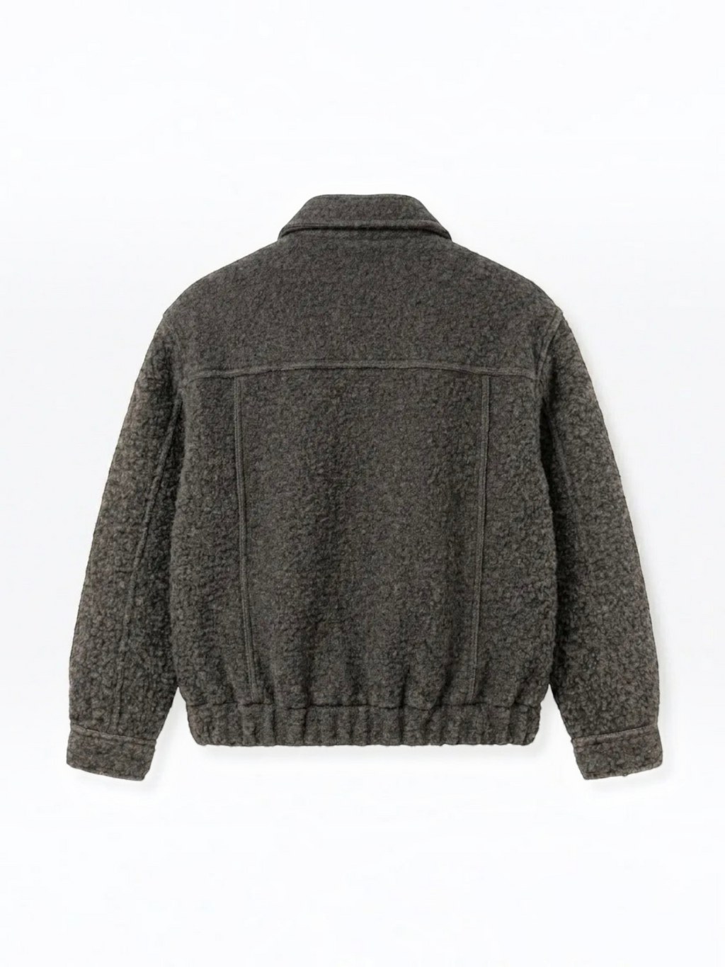 Back view of a BROCK textured short jacket in dark grey with a structured collar and elasticated hem.