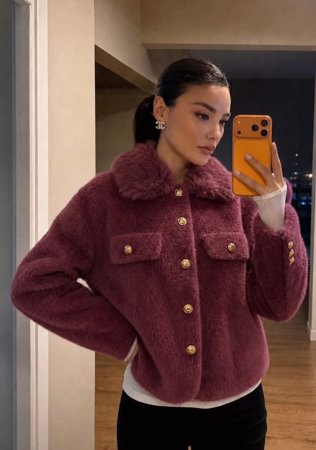 Gilet femme à col fourrure détachable et boutons dorés FRIME