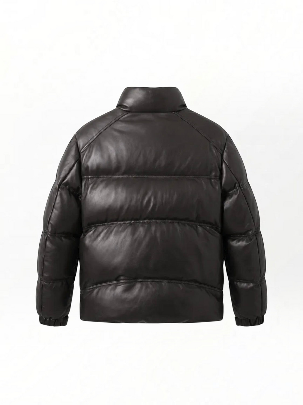 BROCK black faux leather puffer jacket with a high collar and quilted design, back view.