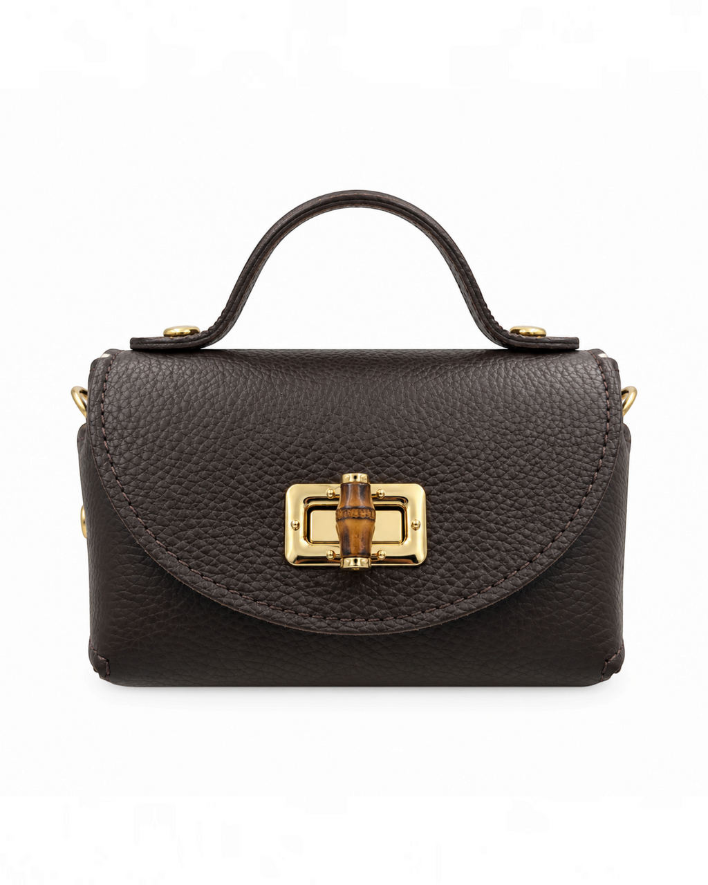 Mini sac à main BROCK GALLANTRY en cuir grainé marron avec fermoir doré façon bambou et poignée supérieure