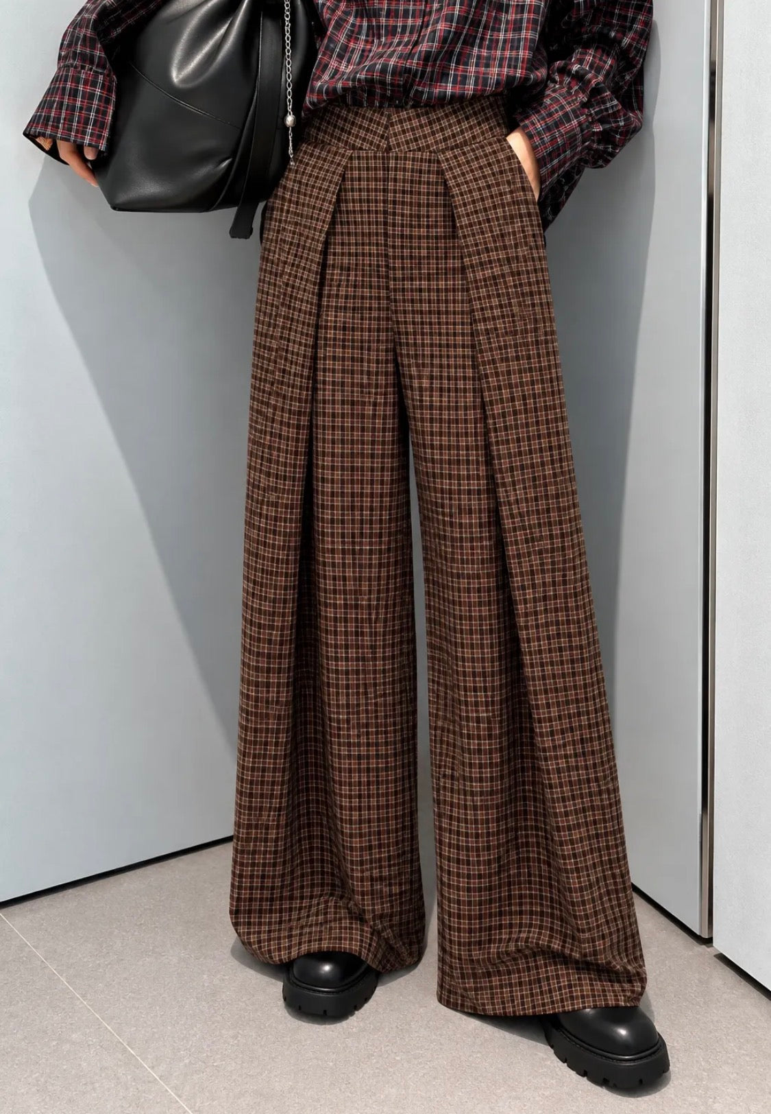 Pantalon large à carreaux et pinces femme FRIME