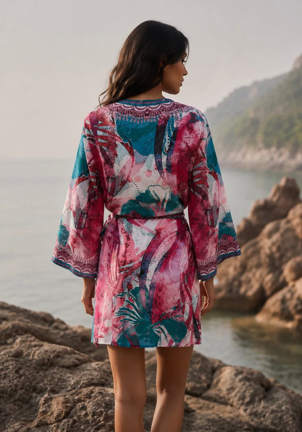 Kimono femme imprimé rose et turquoise à nouer FRIME