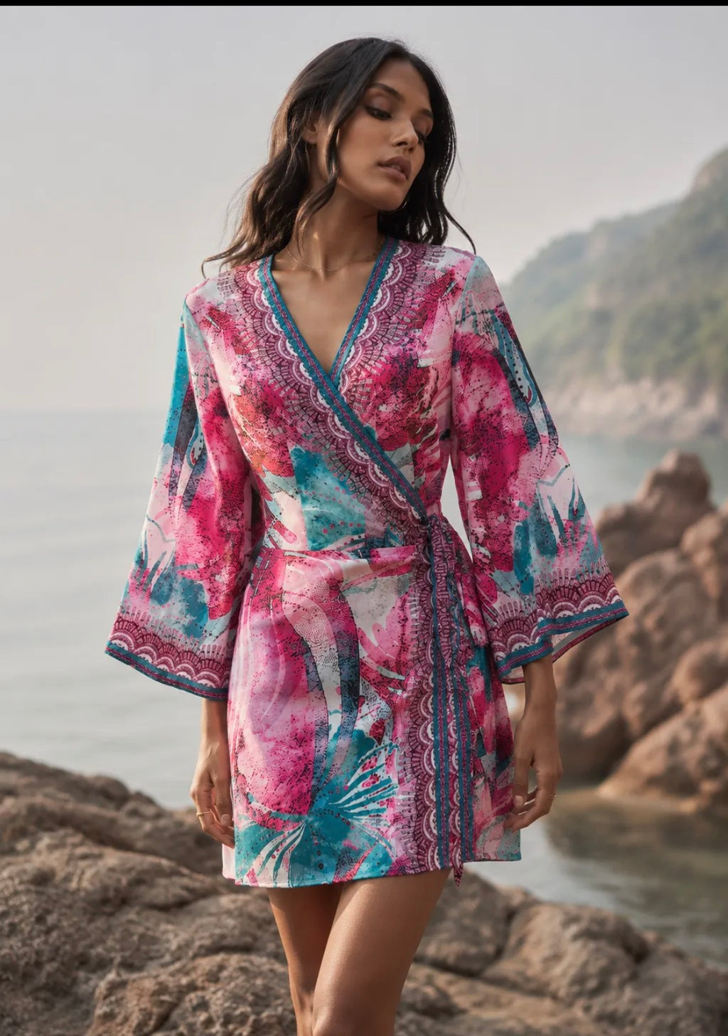 Kimono femme imprimé rose et turquoise à nouer FRIME