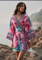 Kimono femme imprimé rose et turquoise à nouer FRIME