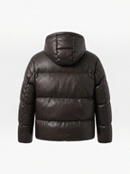 BROCK men's dark brown faux leather hooded puffer jacket, back view showing quilted texture and insulated design.