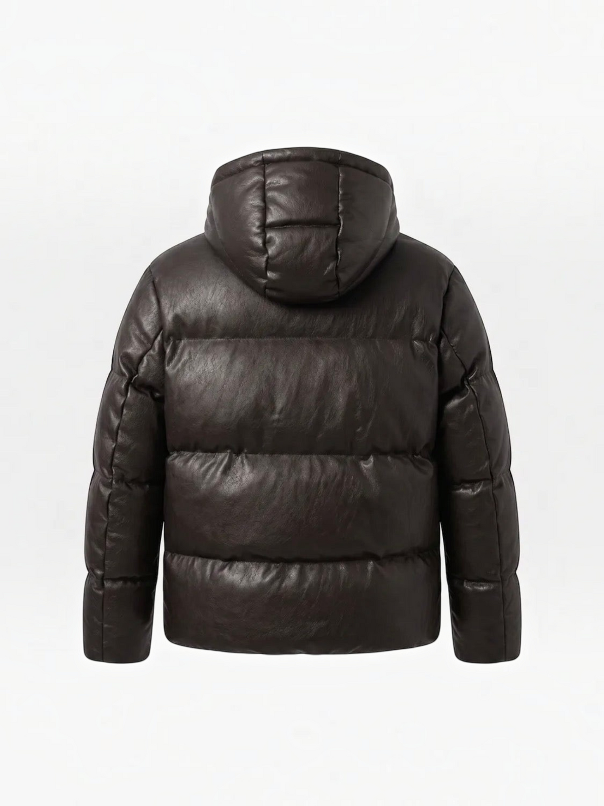BROCK men's dark brown faux leather hooded puffer jacket, back view showing quilted texture and insulated design.