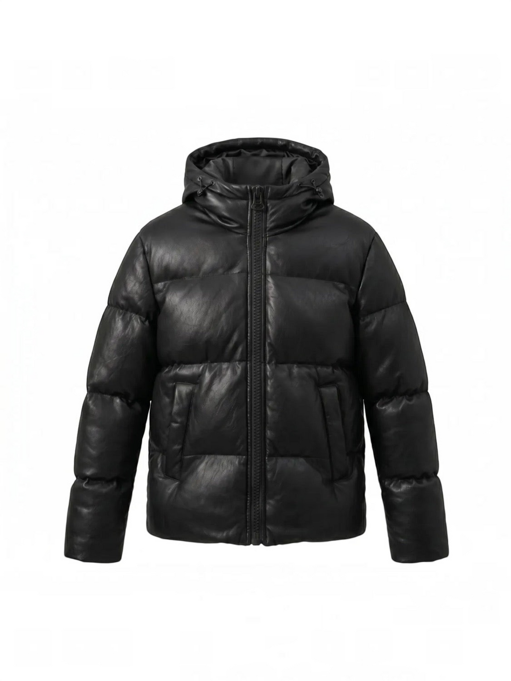 BROCK men's black faux leather puffer jacket with a hood and front zip closure
