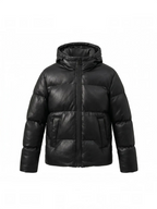 BROCK men's black faux leather puffer jacket with a hood and front zip closure