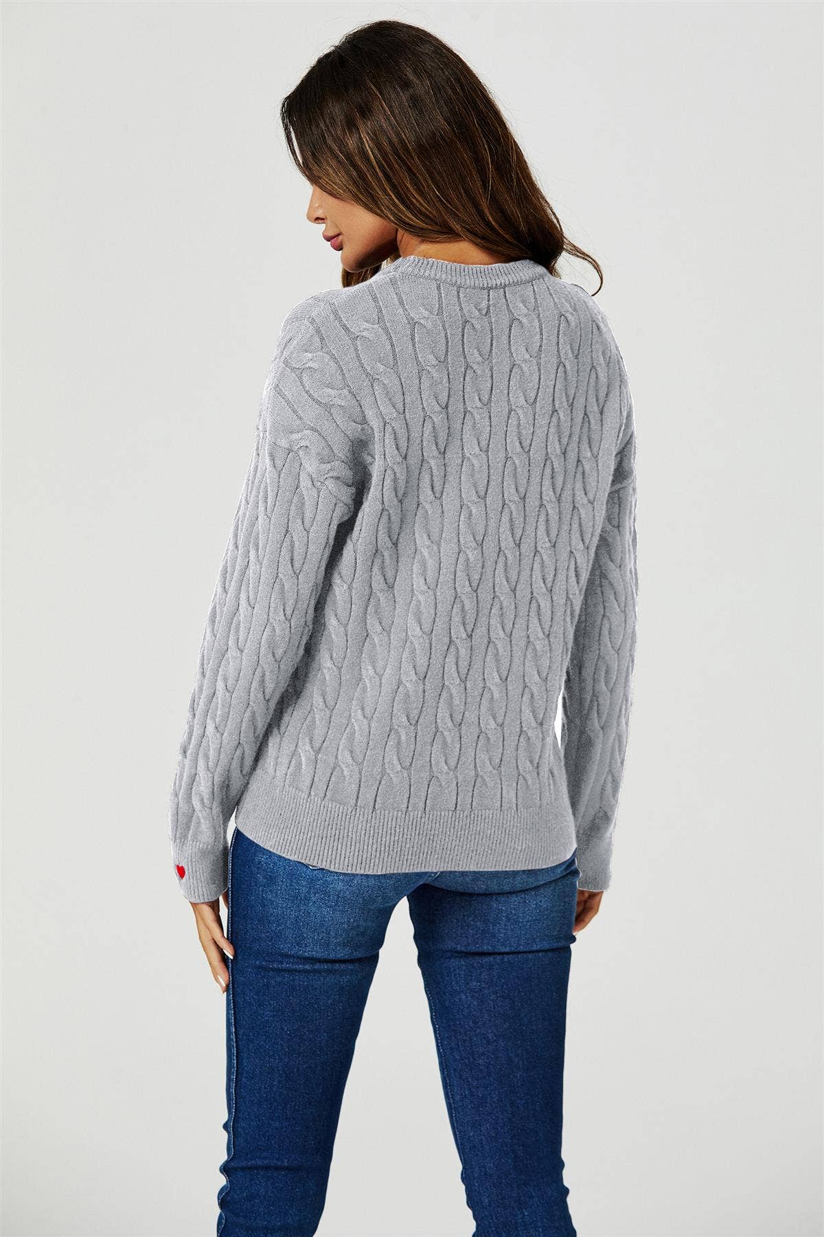 Pull en Maille Torsadée Gris avec Cœurs Rouges -  FS collection