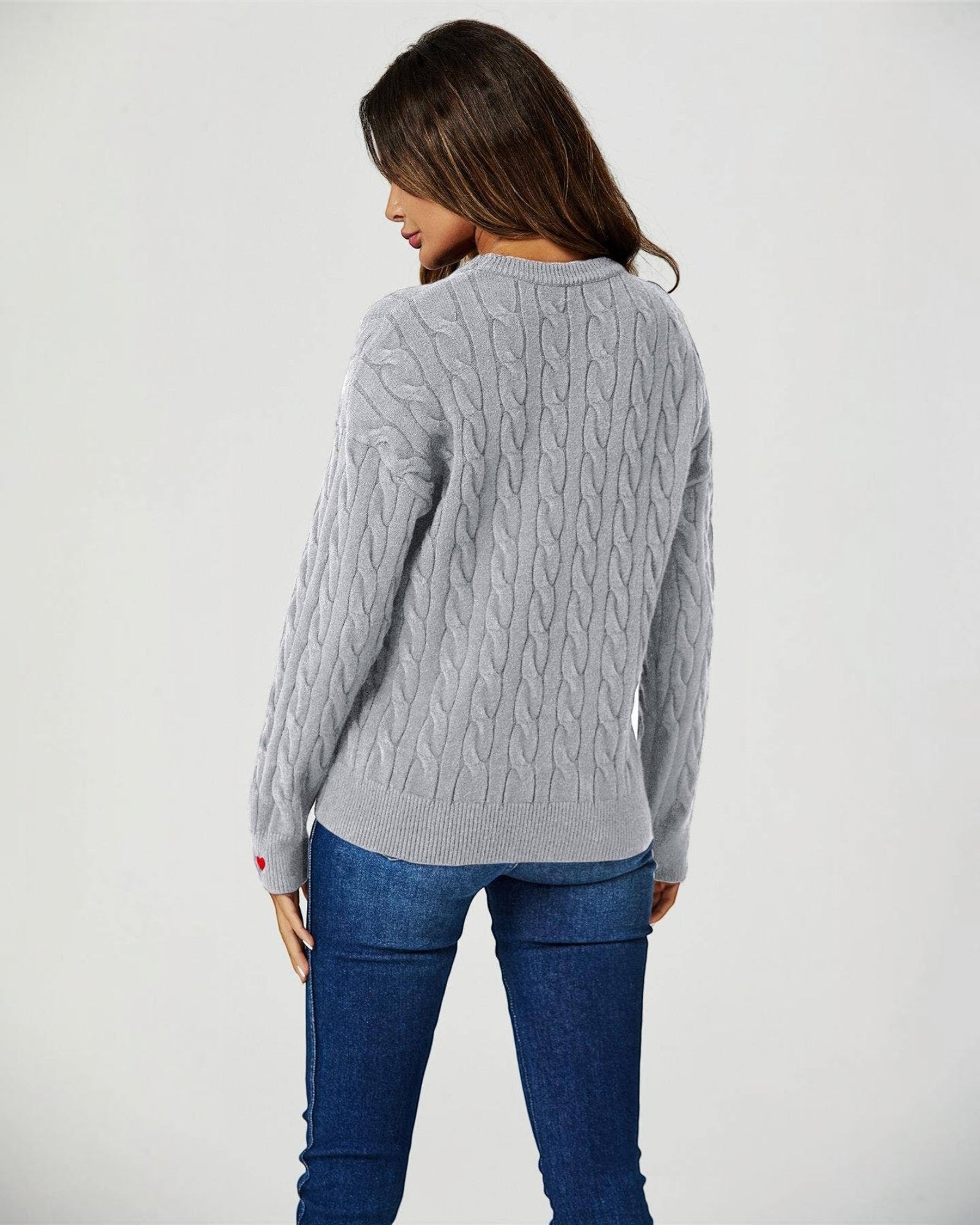 Pull en Maille Torsadée Gris avec Cœurs Rouges -  FS collection