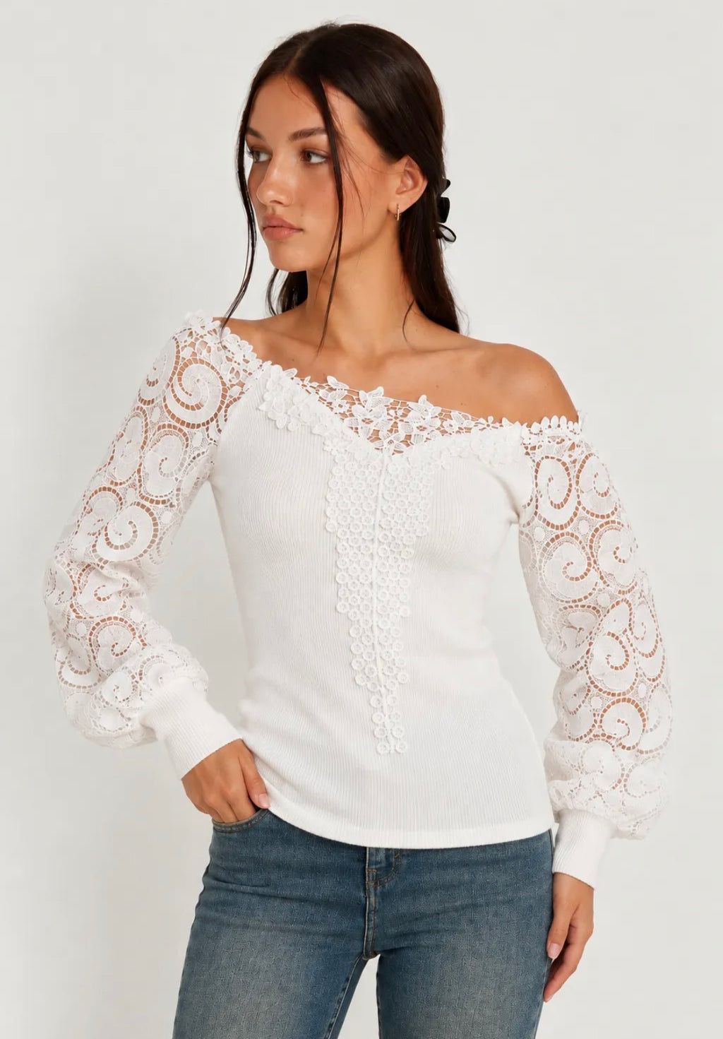 Pull femme col Bardot à manches en dentelle FRIME