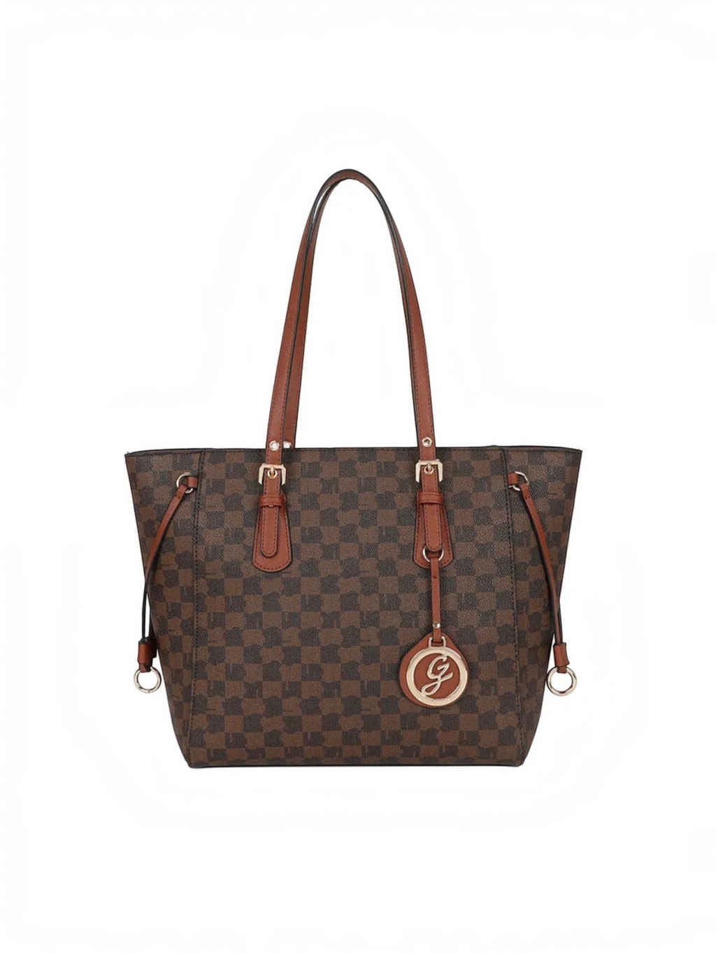 Sac cabas BROCK GALLANTRY en simili cuir brun à motif damier, anses cognac et pendentif logo G doré élégant.
