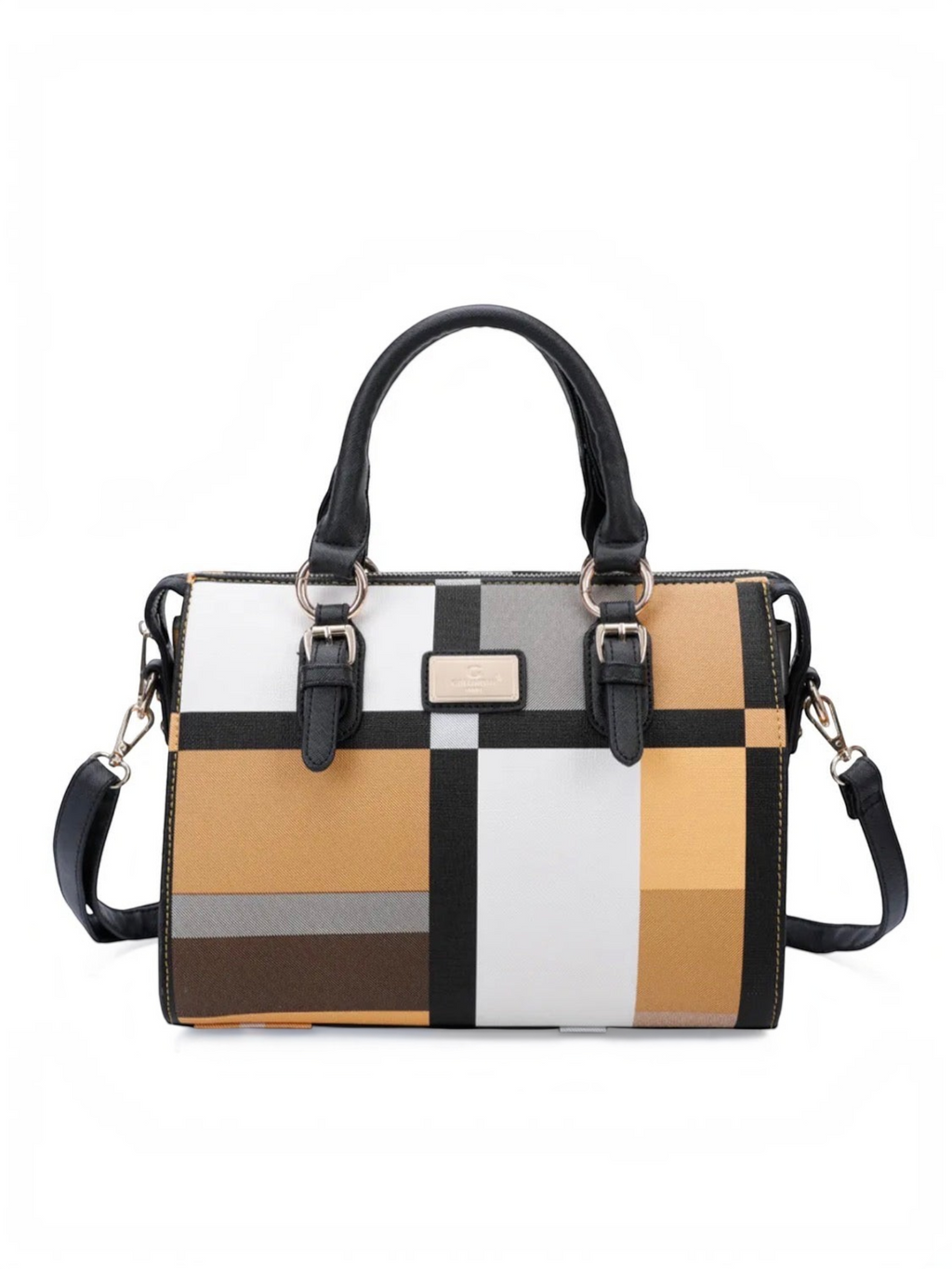 Sac à main BROCK GALLANTRY en similicuir avec motif géométrique multicolore, anses noires et détails dorés.