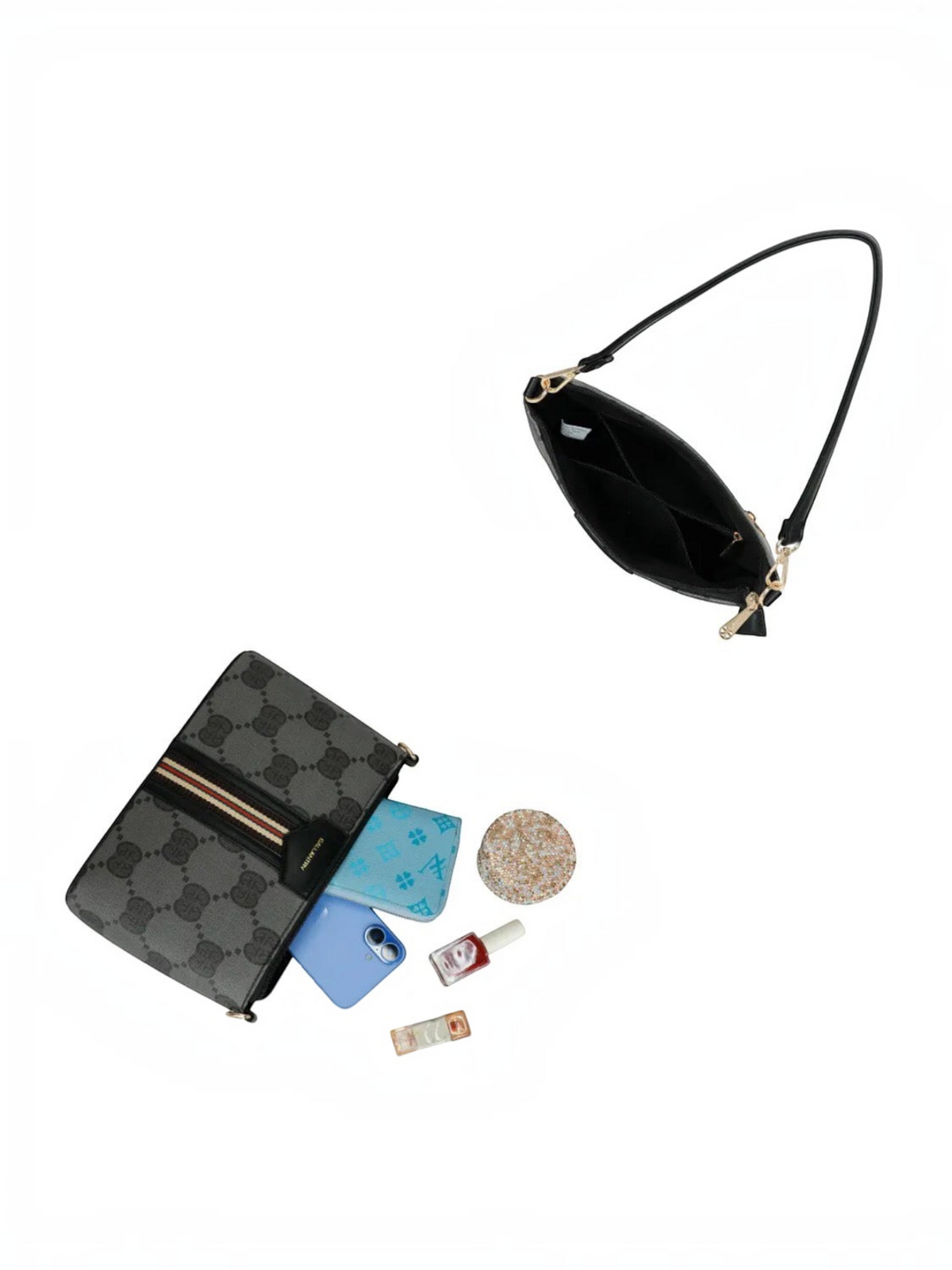 Sac bandoulière BROCK GALLANTRY gris et noir en simili cuir avec motif monogramme et bande tricolore signature