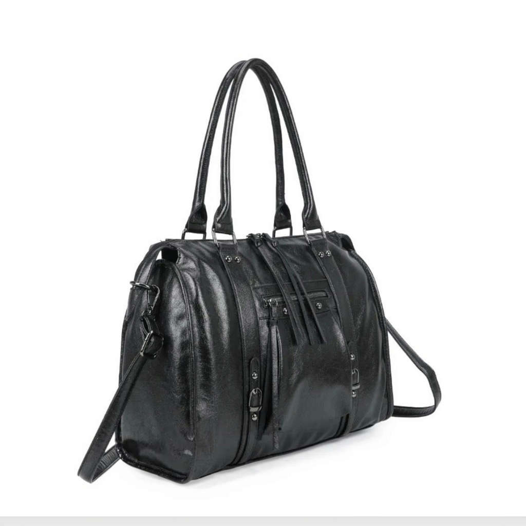 Sac à main BROCK Skyla grand format en polyuréthane noir métallisé avec anses et bandoulière réglable