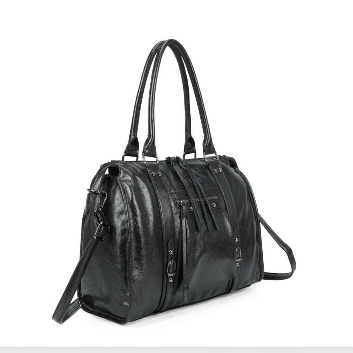Sac à main BROCK Skyla grand format en polyuréthane noir métallisé avec anses et bandoulière réglable