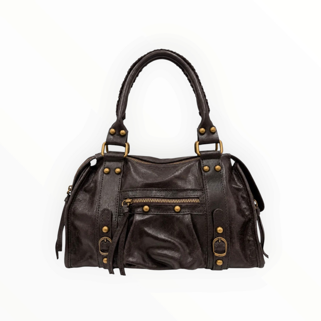 Sac à main BROCK GALLANTRY en cuir marron foncé avec poche zippée, anses tressées et détails métalliques dorés