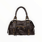Sac à main BROCK GALLANTRY en cuir marron foncé avec poche zippée, anses tressées et détails métalliques dorés