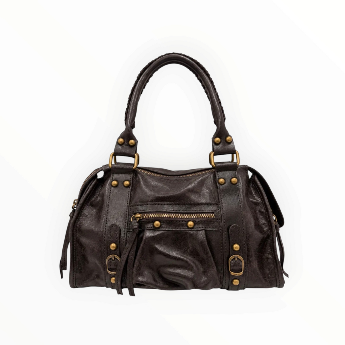 Sac à main BROCK GALLANTRY en cuir marron foncé avec poche zippée, anses tressées et détails métalliques dorés