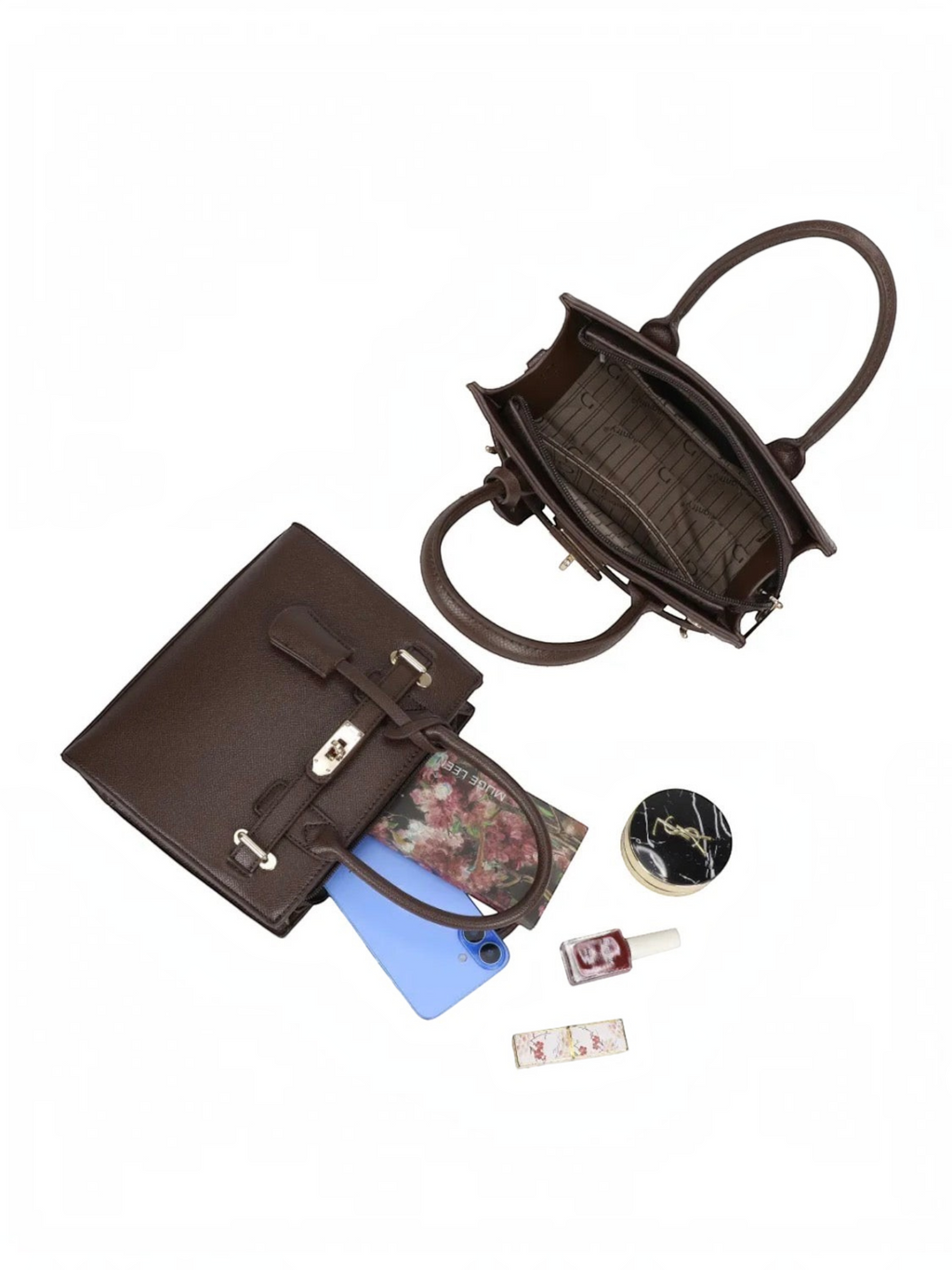 Sac à main BROCK GALLANTRY Elina marron en cuir synthétique grainé avec fermoir doré, vue de dessus et intérieur