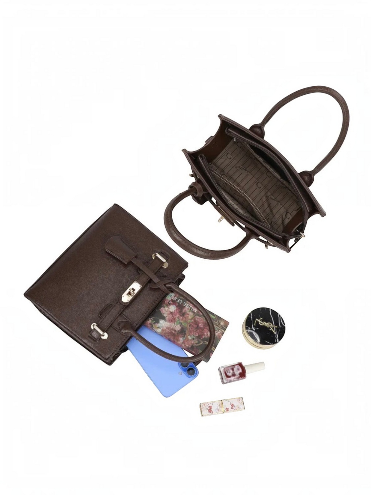 Sac à main BROCK GALLANTRY Elina marron en cuir synthétique grainé avec fermoir doré, vue de dessus et intérieur