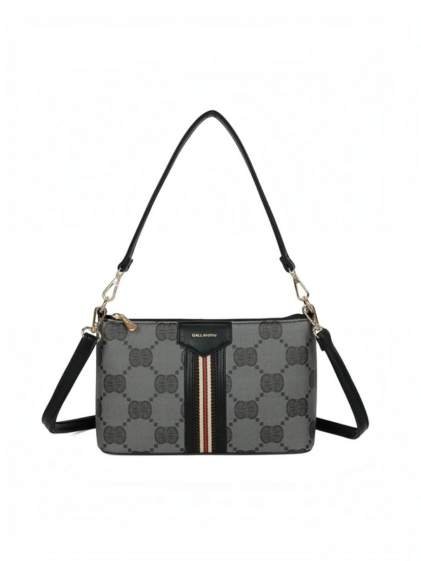 Sac bandoulière BROCK GALLANTRY en simili cuir gris et noir avec motif monogramme et bande tricolore signature