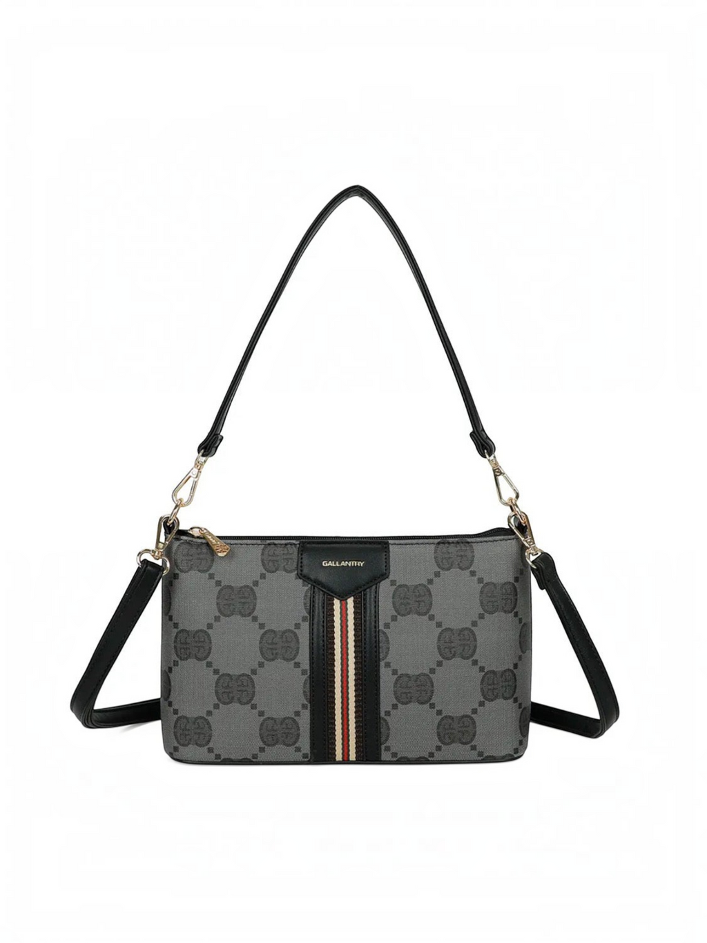 Sac bandoulière BROCK GALLANTRY en simili cuir gris et noir avec motif monogramme et bande tricolore signature