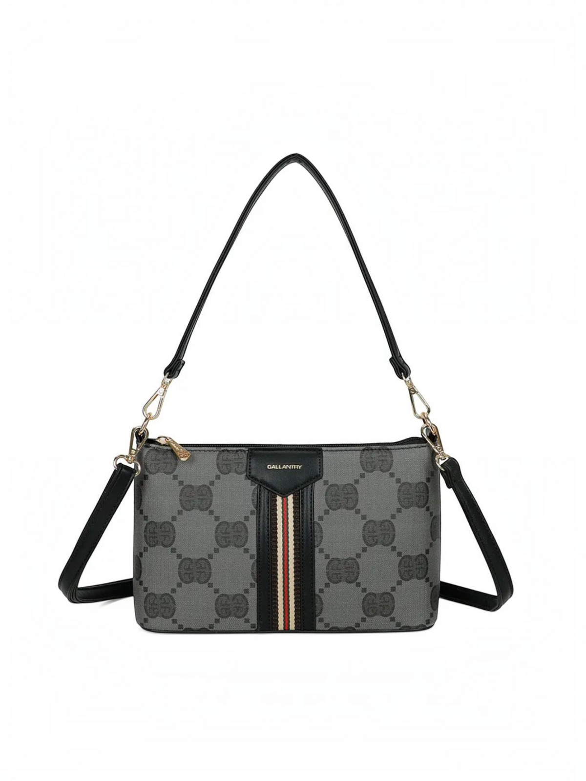 Sac bandoulière BROCK GALLANTRY en simili cuir gris et noir avec motif monogramme et bande tricolore signature