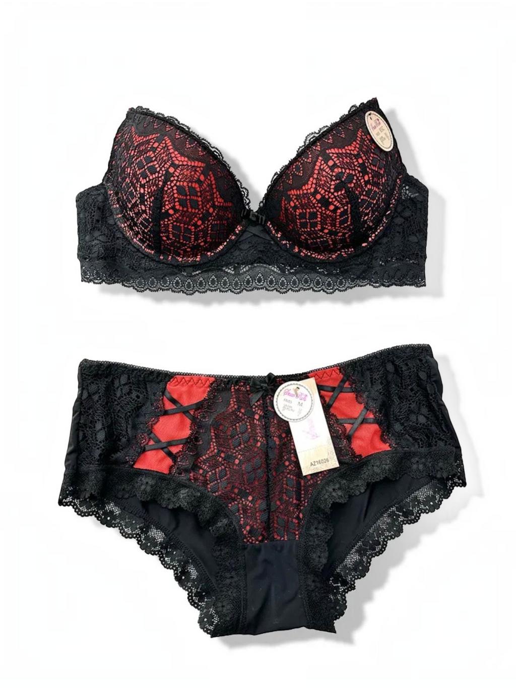 Ensemble lingerie BROCK BELLE COM'ELLE bonnet C noir et rouge en dentelle avec détails croisés sur la culotte