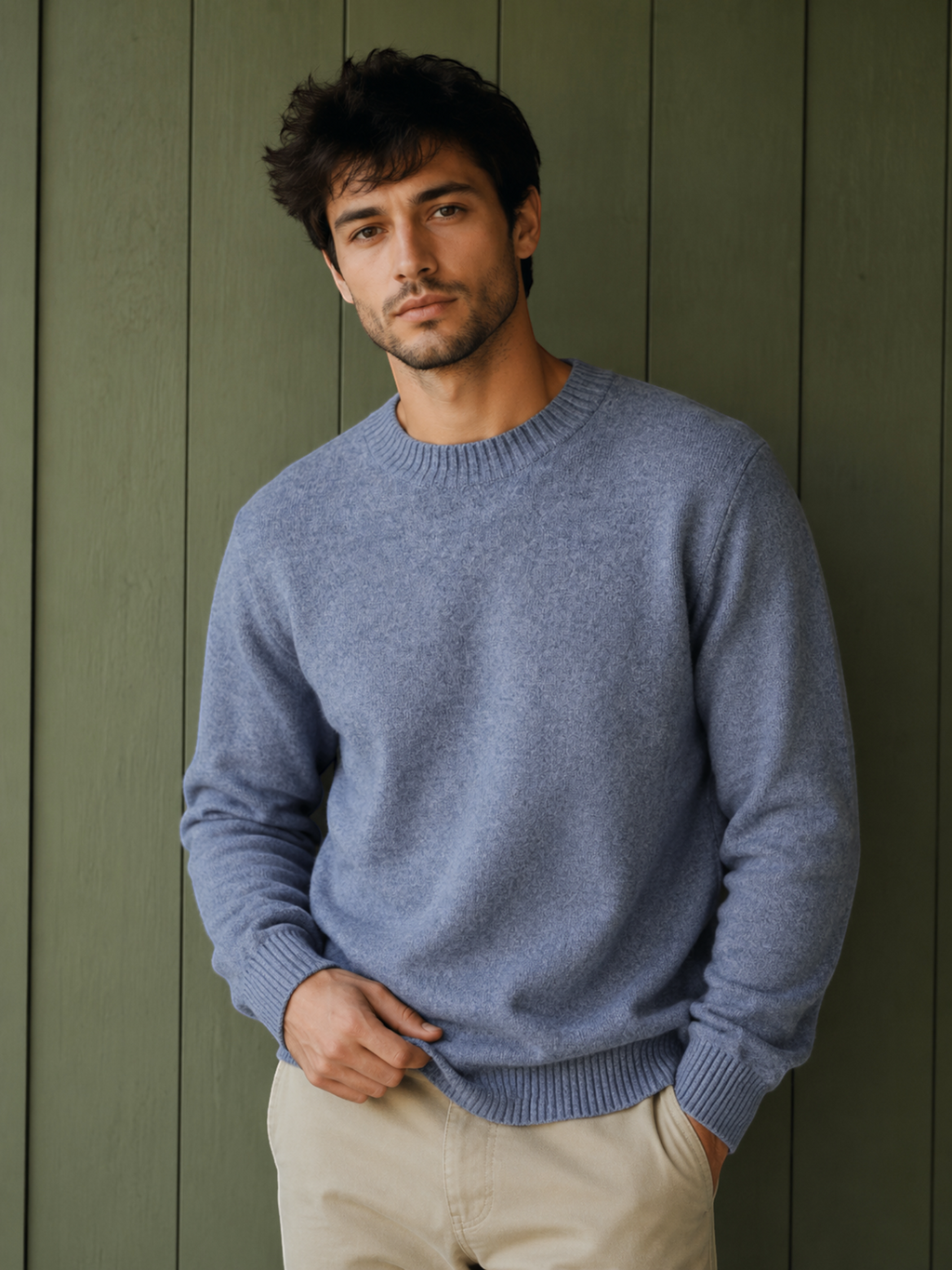Man wearing a blue KZ DIFFUSION wool blend sweater with a crew neck against a green wooden wall
