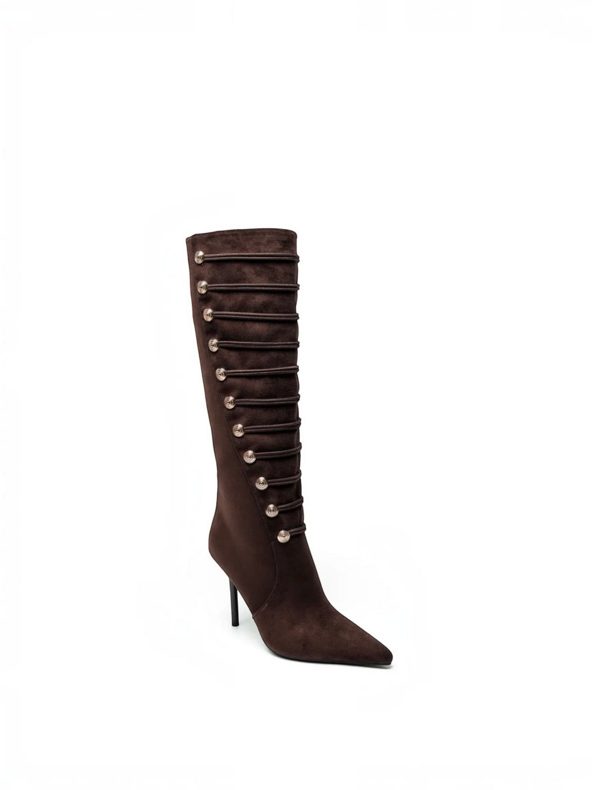 Bottes hautes en velours marron BROCK STEPHAN PARIS avec détails de boutons décoratifs et talon aiguille