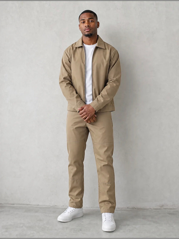 BROCK men's 2-piece coffee brown jacket and trousers set worn by a model with a white t-shirt and sneakers.