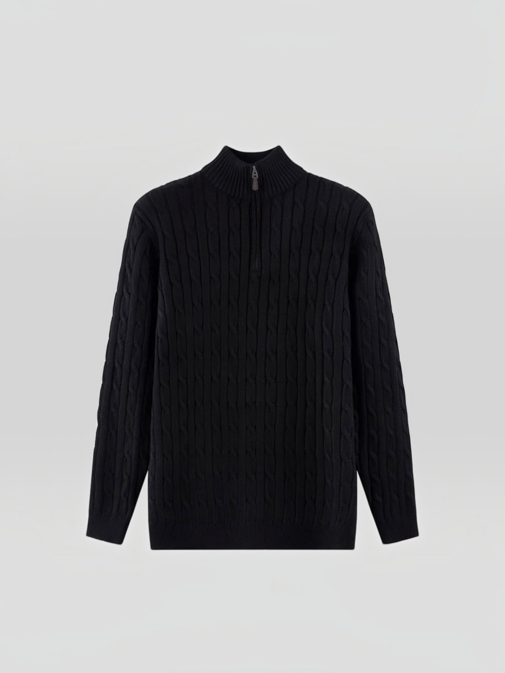 BROCK black cable knit sweater with a zip-up mock neck collar, featuring a textured pattern for a casual-chic look.