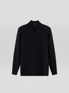 BROCK black cable knit sweater with a zip-up mock neck collar, featuring a textured pattern for a casual-chic look.