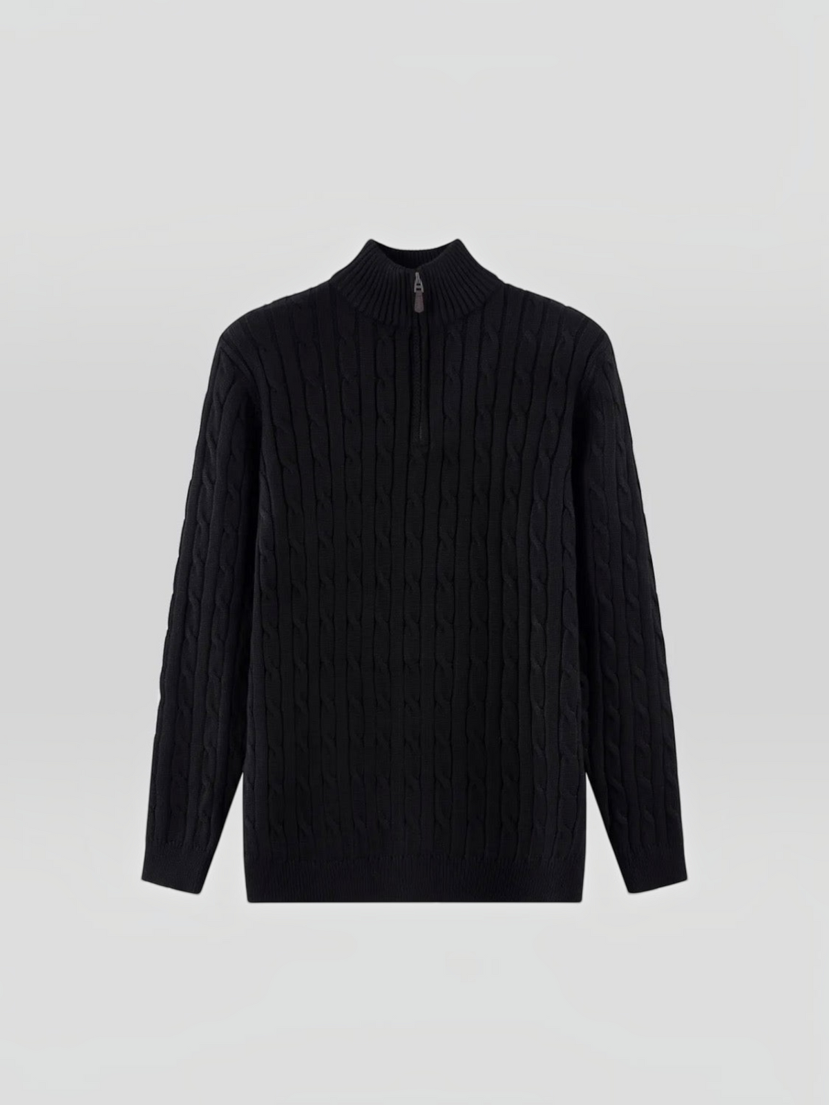 BROCK black cable knit sweater with a zip-up mock neck collar, featuring a textured pattern for a casual-chic look.